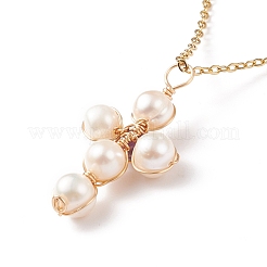 Natural Gemstone & Pearl Braided Cross Pendant Necklace&nbsp;NJEW-JN03920
