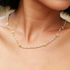 Bohemian Beach Vacation Brass Enamel Sunflower Handmade Link Chain Necklaces Women's Date Gift&nbsp;HM4276