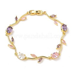 Brass Micro Pave Cubic Zirconia Oval & Leaf Link Chain Bracelets for Women&nbsp;BJEW-G764-05G-01