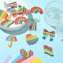 14Pcs 7 Shapes Rainbow Style Printed Acrylic Glitter Powder Pendants&nbsp;OACR-CJ0001-93