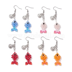 Fish with Shell Shape 304 Stainless Steel Glass Beads Dangle Earrings&nbsp;EJEW-MZ00436