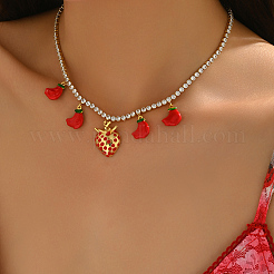 Sweetheart Design Brass Pave Clear Cubic Zirconia Tennis Chain Strawberry Banana Pendant Bib Necklaces for Women&nbsp;GI1549