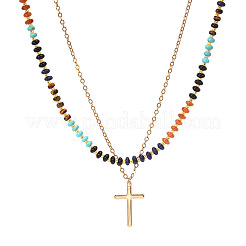 Stainless Steel Religion Cross Pendant Colorful Natural Mixed Gemstone Rondelle Beaded Double Layer Necklaces for Women&nbsp;TF5926