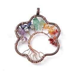 7 Chakra Flower Natural Mixed Stone Copper Wire Wrapped Chip Big Pendants&nbsp;G-E195-12R-01
