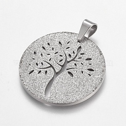 Non-Tarnish Trendy Flat Round with Tree Necklace Findings 304 Stainless Steel Textured Pendants&nbsp;X-STAS-L012-D09P