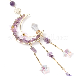 Wire Wrapped Natural Amethyst Chips Moon Hanging Ornaments&nbsp;HJEW-JM02621-02
