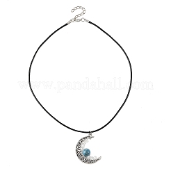 4Pcs 4 Colors Round Natural Dyed Green Jade & Heated Citrine & Hemimorphite & Moonstone Alloy Hollow Moon Pendant Black Waxed Cord Necklaces for Women&nbsp;NJEW-TA00262