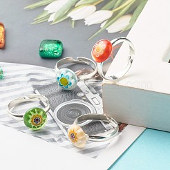 Flower Flat Round Millefiori Glass Adjustable Ring&nbsp;RJEW-JR00407
