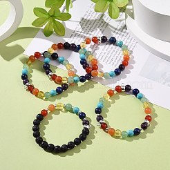 5Pcs 5 Style Natural & Synthetic Mixed Gemstone Round Beaded Stretch Bracelets Set with Alloy Tube Bails&nbsp;BJEW-JB08920