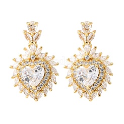 Heart Brass Micro Pave Clear Cubic Zirconia Dangle Stud Earrings&nbsp;EJEW-D346-08G