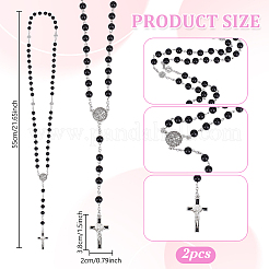 2Pcs Jesus Cross Zinc Alloy Pendant Black Acrylic Pearl Round Rosary Bead Necklaces for Women Men&nbsp;NJEW-GO0001-05