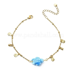 304 Stainless Steel Satellite Chain Dyed Synthetic Turquoise Blue Turtle Link Summer Beach Anklets for Women&nbsp;AJEW-AN00802