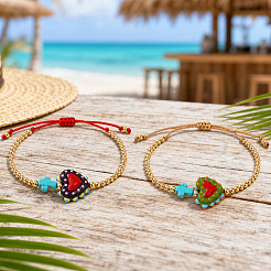 2Pcs 2 Colors Dyed Synthetic Turquoise Cross and Glass Heart Braided Bead Bracelets for Women&nbsp;PE0777-1