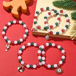 Resin Round Beaded Stretch Bracelet with Alloy Enamel Christmas Charms&nbsp;BJEW-JB09525
