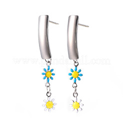 Rectangle with Flower Enamel Long Dangle Stud Earrings&nbsp;EJEW-N049-06B