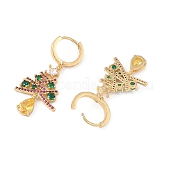 Christmas Tree Brass Pave Colorful Cubic Zirconia Dangle Asymmetrical Earrings&nbsp;EJEW-M257-04B-G
