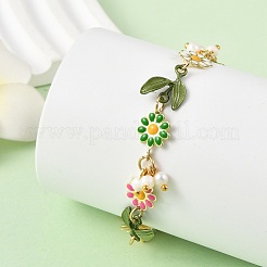 Brass Enamel Colorful Flower Link Chain Bracelets with Natural Pearl Beads for Women&nbsp;BJEW-JB14174
