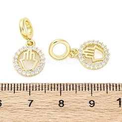 Brass Micro Pave Cubic Zirconia Ring with Hamsa Hand European Dangle Charms&nbsp;KK-D325-08G