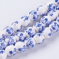 Handmade Flower Printed Porcelain Ceramic Beads Strands&nbsp;PORC-J006-C03