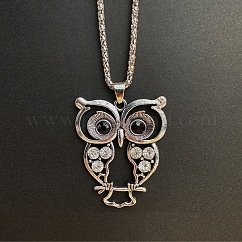 Vintage Alloy Rhinestone Hollow Carved Owl Pendant Necklaces for Women, Antique Silver, Crystal, 19.69 inch(50cm)