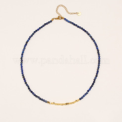 Faceted Round Natural Lapis Lazuli and Brass Beaded Necklaces&nbsp;WG14B70-01