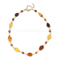 Gradient Color Natural Amber Rhombus & Round Glass & Natural Pearl Beaded Necklaces with 304 Stainless Steel End Chains&nbsp;NJEW-JN06047