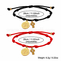 304 Stainless Steel Round Tag Religon Cross Charm Nylon Wax Cord Bracelet Bracelet Sets&nbsp;CJ0678-1