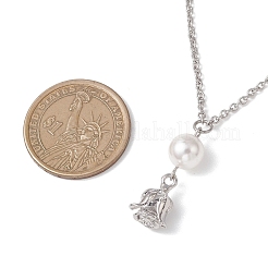 Alloy Rose Flower and Round Shell Pearl Pendant 304 Stainless Steel Cable Chain Necklaces for Women&nbsp;NJEW-JN05759-02