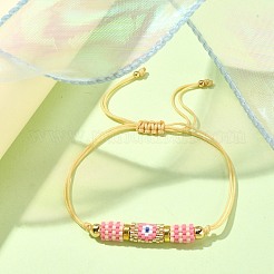 Glass Seed Column with Evil Eye Link Bracelet&nbsp;BJEW-MZ00029-02
