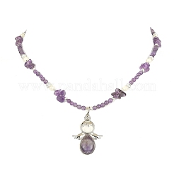 Natural & Synthetic Mixed Gemstone Angel Pendant Necklace with Shell Pearl Beaded Chains&nbsp;NJEW-JN04373