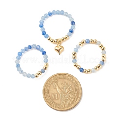 3Pcs 3 Style Natural Gemstone & Brass Beaded Finger Rings with 304 Stainless Steel Heart Charms for Women&nbsp;RJEW-JR00471