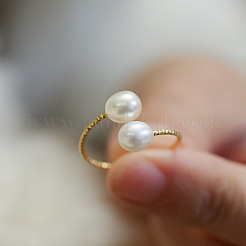 Brass Natural Freshwater Pearl Oval Beaded Cuff Rings&nbsp;WG91F01-01