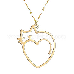 201 Stainless Steel Heart with Cat Outline Pendant Necklaces for Women&nbsp;FS-WG6120F-01