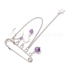 Amethyst & Brass & 304 Stainless Steel Pendant Brooches&nbsp;JEWB-TA00025
