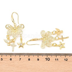 Cross with Bird & Starfish Brass Clear Cubic Zirconia Dangle Earrings&nbsp;EJEW-H182-01G