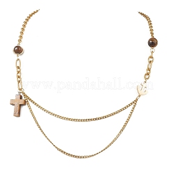 Natural Tiger Eye Round and Cross Pendant 304 Stainless Steel Chain Necklaces for Women&nbsp;NJEW-JN05755