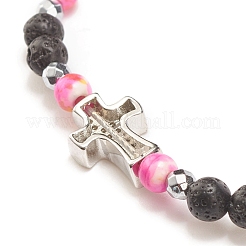 Natural & Synthetic Mixed Gemstone Beaded Stretch Bracelet with Clear Cubic Zirconia Cross for Women&nbsp;BJEW-JB08247-04