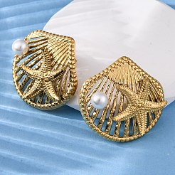 Shell Shape with Starfish 304 Stainless Steel Plastic Imitation Pearl Stud Earrings&nbsp;EJEW-Z109-04G