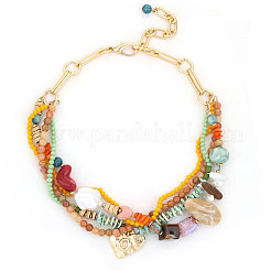 Bohemian Handmade Resin & Aluminium Chain & Wood Beaded Multi Layered Heart Pendant Necklaces for Women&nbsp;FS-WGACD88-01