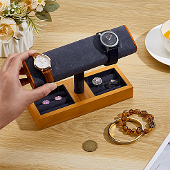 T-Shaped Bar Wood with Velvet Watch Organizer Display Stands with Rectangle Trays for Rings&nbsp;ODIS-PH0009-16A