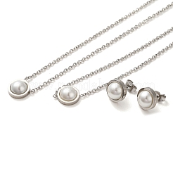 Flat Round Plastic Imitation Pearl Pendant Necklaces & Bracelets & Stud Earrings Sets&nbsp;SJEW-C004-02P