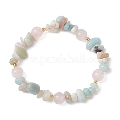 Round Natural Rose Quartz & Flower Amazonite Chips & Brass Beads Stretch Bracelets for Women&nbsp;BJEW-TA00715