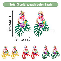 3 Pairs 3 Colors Flower & Leaf Rhinestone Dangle Stud Earrings&nbsp;EJEW-FI0003-21