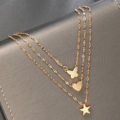 3Pcs 3 Styles Alloy Star/Heart/Butterfly Pendant Dapped Chain Necklaces Sets for Women&nbsp;PW-WGED6D9-01