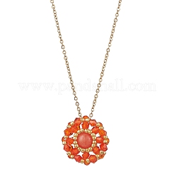 Dyed Natural Mashan Jade & Glass Seed Beaded Flat Round Pendant 304 Stainless Steel Cable Chain Necklaces&nbsp;NJEW-MZ00129-04