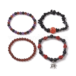4Pcs Halloween Skull Pumpkin Gemstone Beaded Stretch Bracelets Kit&nbsp;BJEW-TA00483