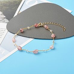 Natural Strawberry Quartz Beads Anklets Set for Girl Women&nbsp;AJEW-AN00450-03