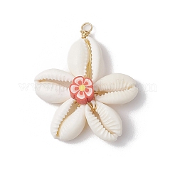 Natural Cowrie Shell & Handmade Polymer Clay Flower Pendants&nbsp;PALLOY-JF03843