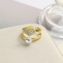 Heart Brass Micro Pave Cubic Zirconia Open Cuff Ring for Women&nbsp;LS-RJEW-F154-03G-A
