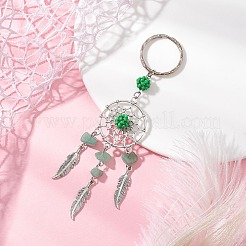 Woven Net/Web with Feather Alloy & Mixed Gemstone & Glass Seed Keychains&nbsp;KEYC-MZ00041